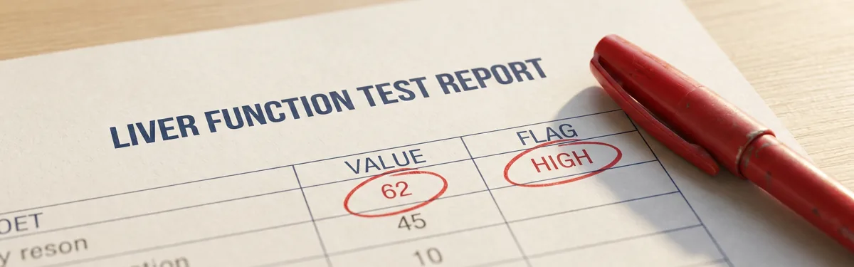 Liver function test report with an elevated ALT of 62 circled in red and flagged HIGH